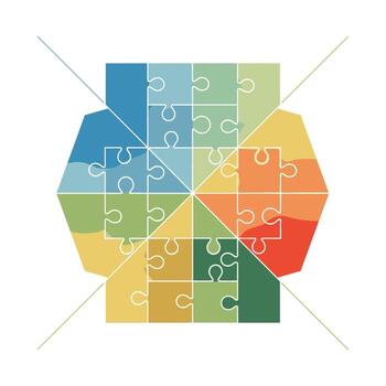 resumen geométrico rompecabezas piezas formando un hexágono con un degradado de colores y intersectando líneas en un blanco fondo, simbolizando conexión y unidad vector