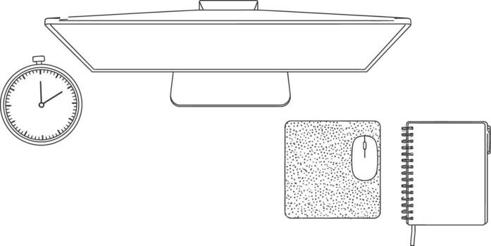 De arriba hacia abajo ver de un moderno computadora monitor, cronógrafo, alfombrilla de ratón, ratón, y cuaderno en un blanco fondo, ilustrando un espacio de trabajo preparar vector