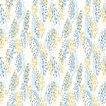 Seamless abstract pattern with playful organic shapes in blue, yellow, and black on a white background. Modern hand drawn texture for fabric, wrapping, and surface design vector