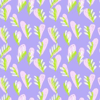 Seamless abstract pattern with playful hand drawn leaves in pink, green, and white on a lavender background. Fun artistic design for fabric, wrapping paper, and decor vector
