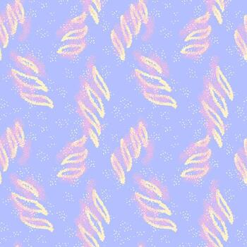 Seamless abstract pattern with soft pastel brush leaves in cream and pink on a lavender blue background. Modern textured botanical design for textile, wrapping, and decor vector