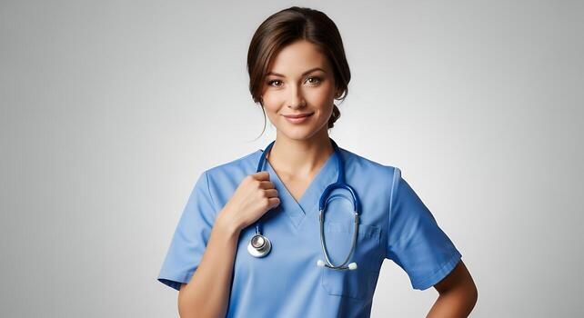 Smiling Nurse Holding Stethoscope in Bright Studio Light photo