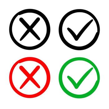 Black, red, and green checkmark and cross symbols in a doodle style circle on a white background vector