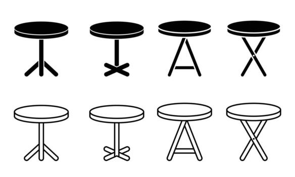 round tables with various pedestal and leg designs on a white background. Glyph and line icon Collection of four black silhouettes of round tables. vector