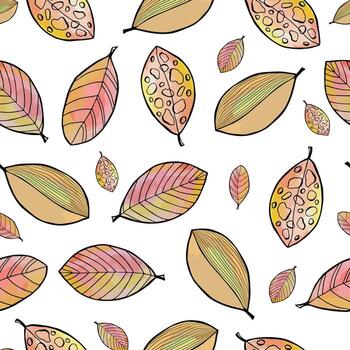 Seamless pattern with leaves in doodle style. Hand drawn line design elements. Abstract autumn botanical illustrations vector
