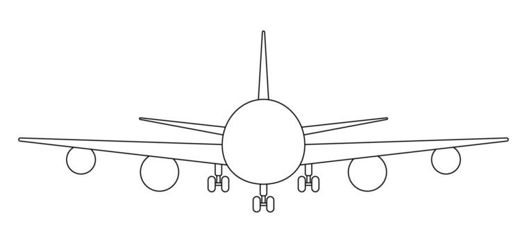 Front view airplane outline illustration. Editable stroke. Minimal black line drawing of passenger jet with landing gear and engines. Simple aviation design for travel, transport, engineering vector