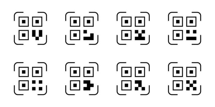 Set of minimal QR code icons. Simple square barcode symbols for scan, identification, and digital access. Modern illustration for web, app, payment, or technology interface design vector