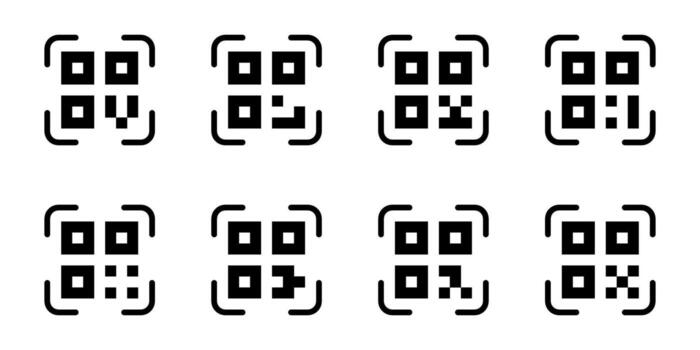 Set of modern black QR code icons isolated on white background. Minimal digital barcode collection for scanning, mobile apps, technology, marketing, and business use. Clean design concept vector