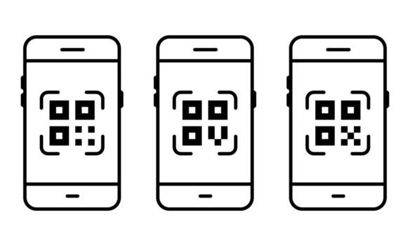 Set of smartphone icons with QR code on screen. Mobile phone illustration for scanning, payment, business, app interface, technology, and digital transaction design. Minimal black outline style vector