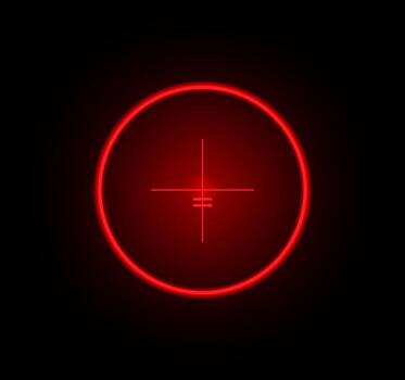 Red crosshair glowing brightly against a dark background in a dynamic gaming setup vector