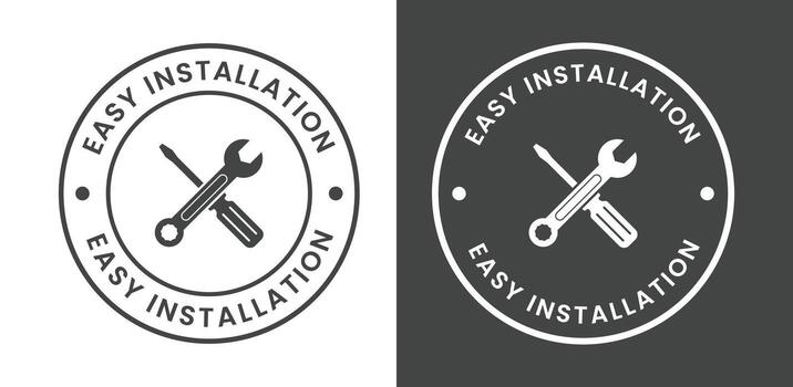 Easy installation badge design on light and dark background, wrench screwdriver symbol, circular label for instruction, packaging, tool branding, and service mark use vector