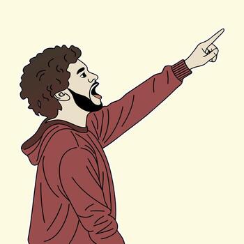 Man with curly hair shouting and pointing upwards finger vector