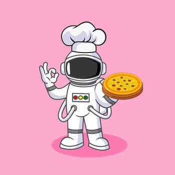 Astronaut Chef Serving Delicious Pizza in Space Vectors Illustration Cartoon Design