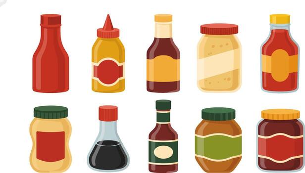 Assorted Condiment Bottles and Jars Collection vector