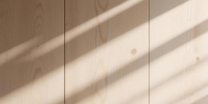 Clean, pale pine wood vertical plank wall texture. The light surface is patterned with sharp, diagonal shadow lines resembling window blinds photo