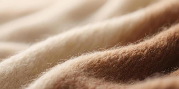 Macro view of soft, plush wool fabric with flowing folds. Subtle gradient texture in natural tones of brown, beige, and creamy white photo