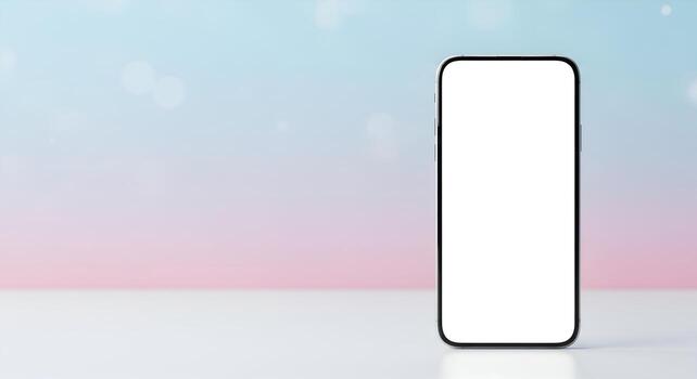 Modern vertical smartphone mockup on a white desk with a soft pastel gradient background blending blue and pink. Ideal for mobile app and social media concepts photo