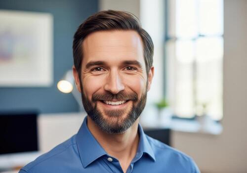 Smiling man with beard and blue shirt in a bright office setting close-up portrait photo