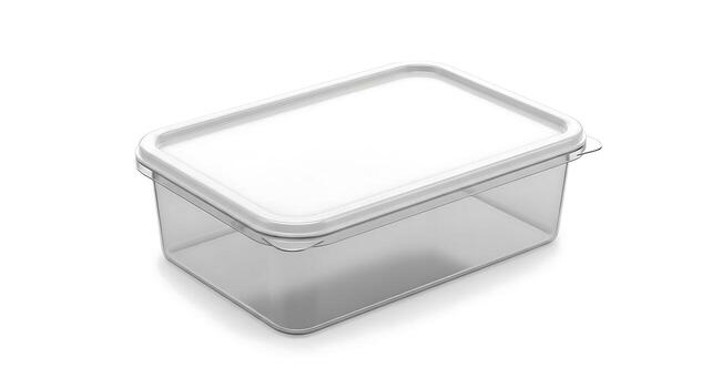Clear rectangular plastic food container with a white airtight lid. Blank product mockup template isolated on a white background for design presentation photo