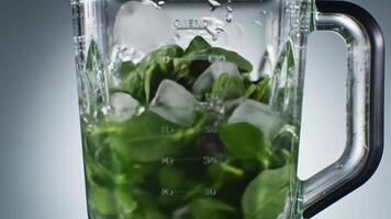 blandare blandning färsk spenat med is kuber och vatten mot en lutning bakgrund video