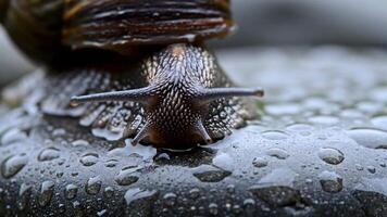 macro tiro di un' lumaca con messa a fuoco su il strutturato conchiglia e bagnato superficie video