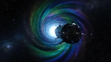 rymdskepp navigerande en färgrik galaktisk maskhål i de omfattande universum video
