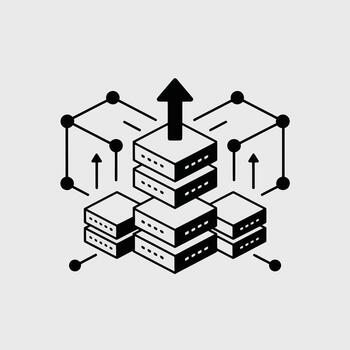 Isometric Illustration of Data Servers Connected by Network Nodes Upward Data Transfer Black and White Minimalist Icon Style vector