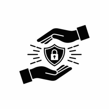 Black Silhouette Icon Two Hands Protecting a Shield with a Padlock Inside Rays of Light Minimalist Security Concept Graphic vector
