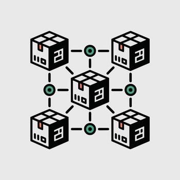Five isometric black cardboard boxes connected by teal circles and dashed lines on a light gray background illustrating a network or supply chain concept vector