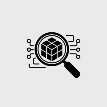 negro aumentador vaso icono agrandamiento un negro Tres dimensional cubo con verde azulado circuito tablero estilo líneas en un ligero gris antecedentes vector