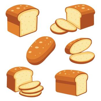 Collection of various baked bread loaves and slices presented in an isometric view vector