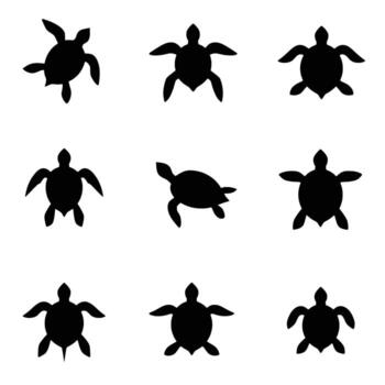 Collection of nine black silhouette sea turtle icons displayed in a grid pattern on a white background vector