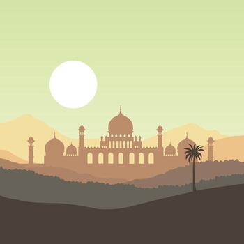 Silhouette of an ornate palace or mosque with multiple domes and minarets set against a hazy desert landscape with rolling hills and a large sun in the sky vector