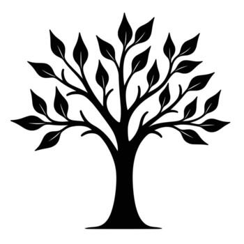 Stylized silhouette of a deciduous tree with a thick trunk and spreading branches adorned with numerous leaves vector