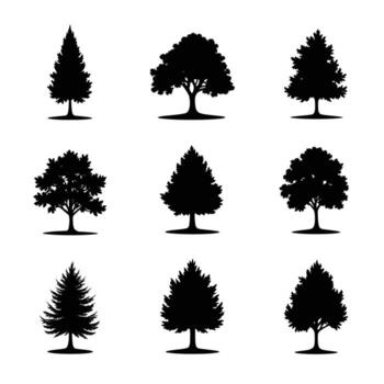 Collection of Silhouetted Trees in Various Shapes and Sizes draw design vector
