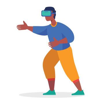 Man wearing virtual reality headset interacting with digital environment by pointing and gesturing Man in virtual reality vector