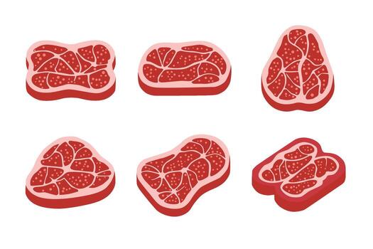 A collection of six raw beef steak slices with visible marbling isolated on a clean white background Meat steak slices set vector