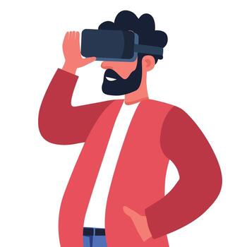 Illustration of a man with a beard wearing a virtual reality headset exploring digital space vector