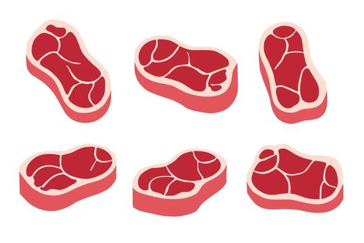 Collection of six raw meat slices with visible marbling isolated on a clean white background presented in a flat illustration style vector
