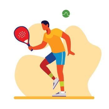 A man in athletic wear plays tennis with a racket on a court with abstract background elements vector