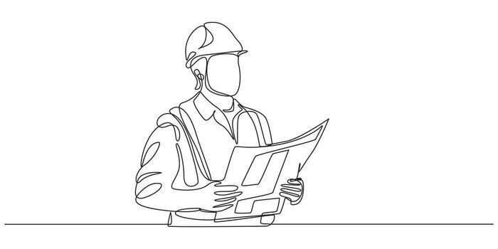 Continuous line drawing of an engineer reviewing blueprints vector