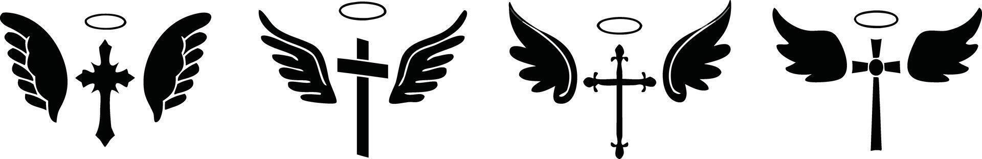 a set of four wings with a sword in the middle vector