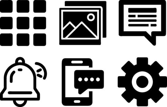 Modern smartphone interface icons set featuring grid gallery chat bell phone and settings vector