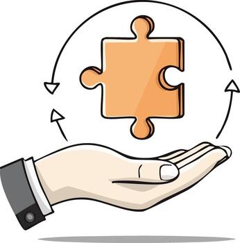 puzzle piece in hand representing collaboration, minimal outline vector