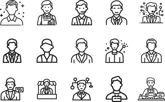 Monochrome icons of diverse professionals in various fields of work vector