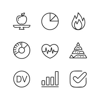 handdrawn lineart icons of scale with apple, pie chart macro split, calorie flame, nutrition wheel, energy meter, food pyramid, heart rate chart, daily value icon vector