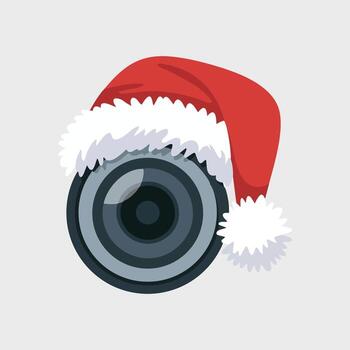 Camera lens icon with Santa hat, flat minimal Christmas photographer design. Design layer should be clean and smooth. vector