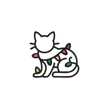 Cat tangled in Christmas lights, minimal line icon, white background. Design layer should be clean and smooth. vector