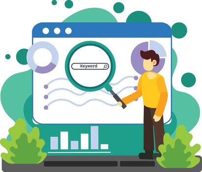 desarrollador analizando palabra clave investigación datos ilustración vector