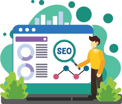 Developer analyzing seo data and optimization report illustration vector